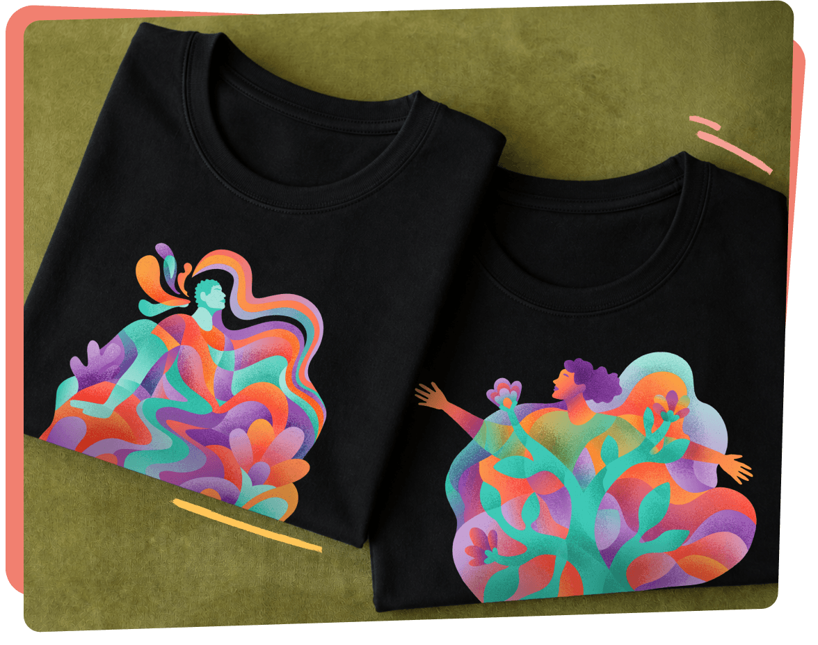 Two folded black Wear It Out t-shirts. Each printed with colorful abstract artwork of figures and flowing shapes