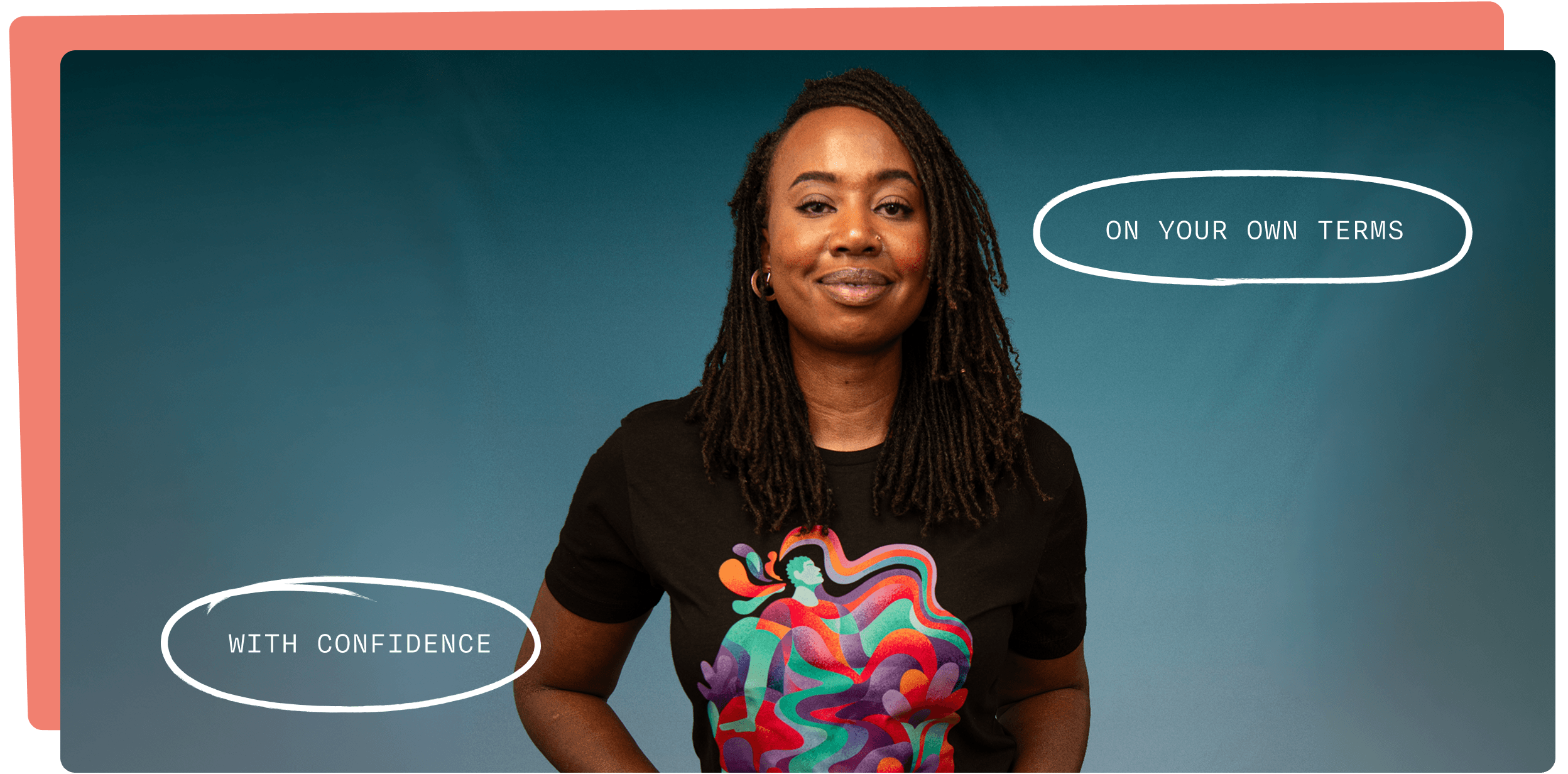 Smiling woman wearing a black t-shirt printed with colorful abstract artwork of figures and flowing shapes against a teal background