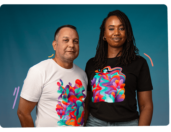 Man in a white t-shirt and woman in
a black t-shirt standing side by side against a teal background. Each
t-shirt is printed with colorful abstract artwork of figures and flowing shapes.