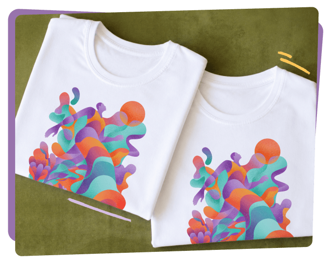 Two folded white Wear It Out t-shirts. Each printed with colorful abstract artwork of figures and flowing shapes