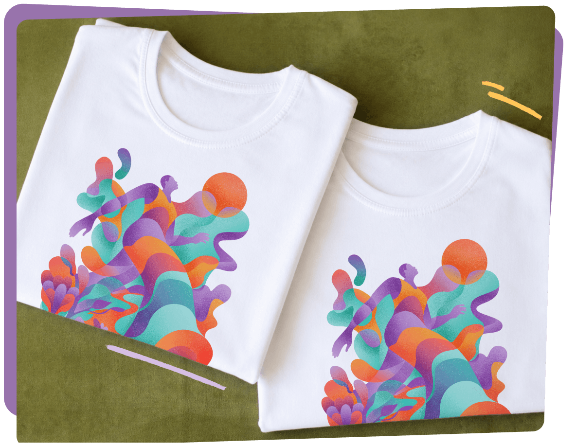 Two folded white Wear It Out t-shirts. Each printed with colorful abstract artwork of figures and flowing shapes